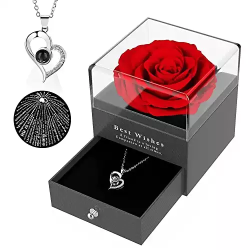 Coffret cadeau Saint Valentin Femme : rose éternelle + collier coeur